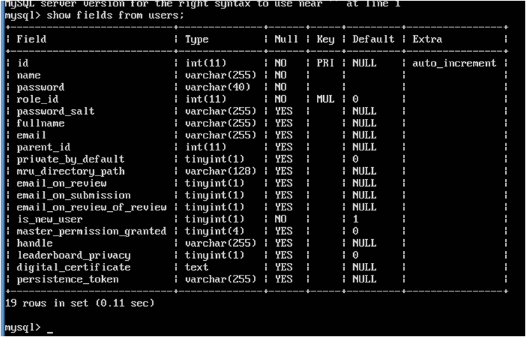 Output of the show fields command in dbconsole.