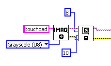 Figure 1: Two blocks (functions) that initialize memory for image capture. Data flow is always from left to right. The right block only executes after it receives the outputs from the left block. In this case, all the inputs (blue and pink boxes) are constants.