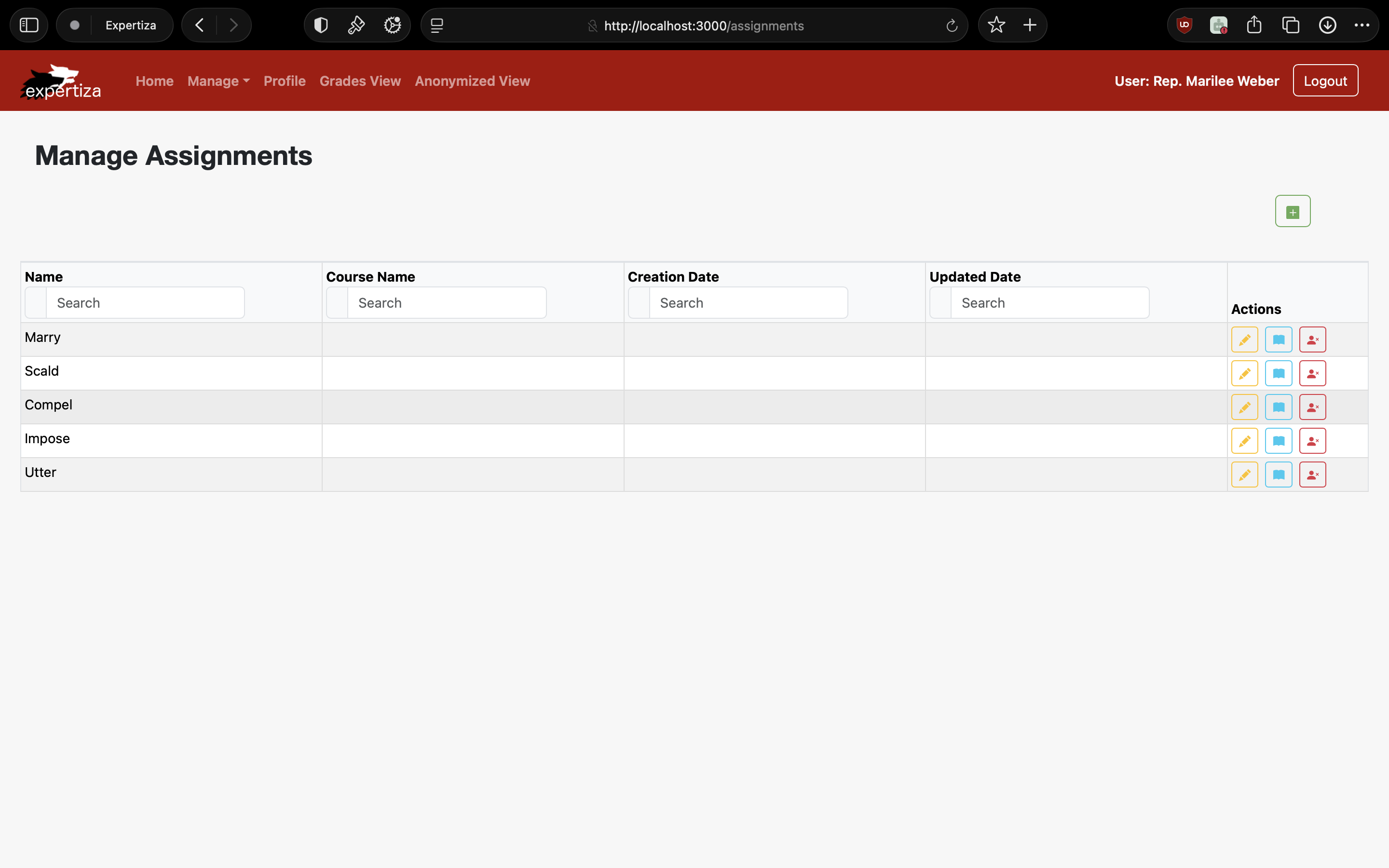 This is the Assignments tab for an instructor/admin.