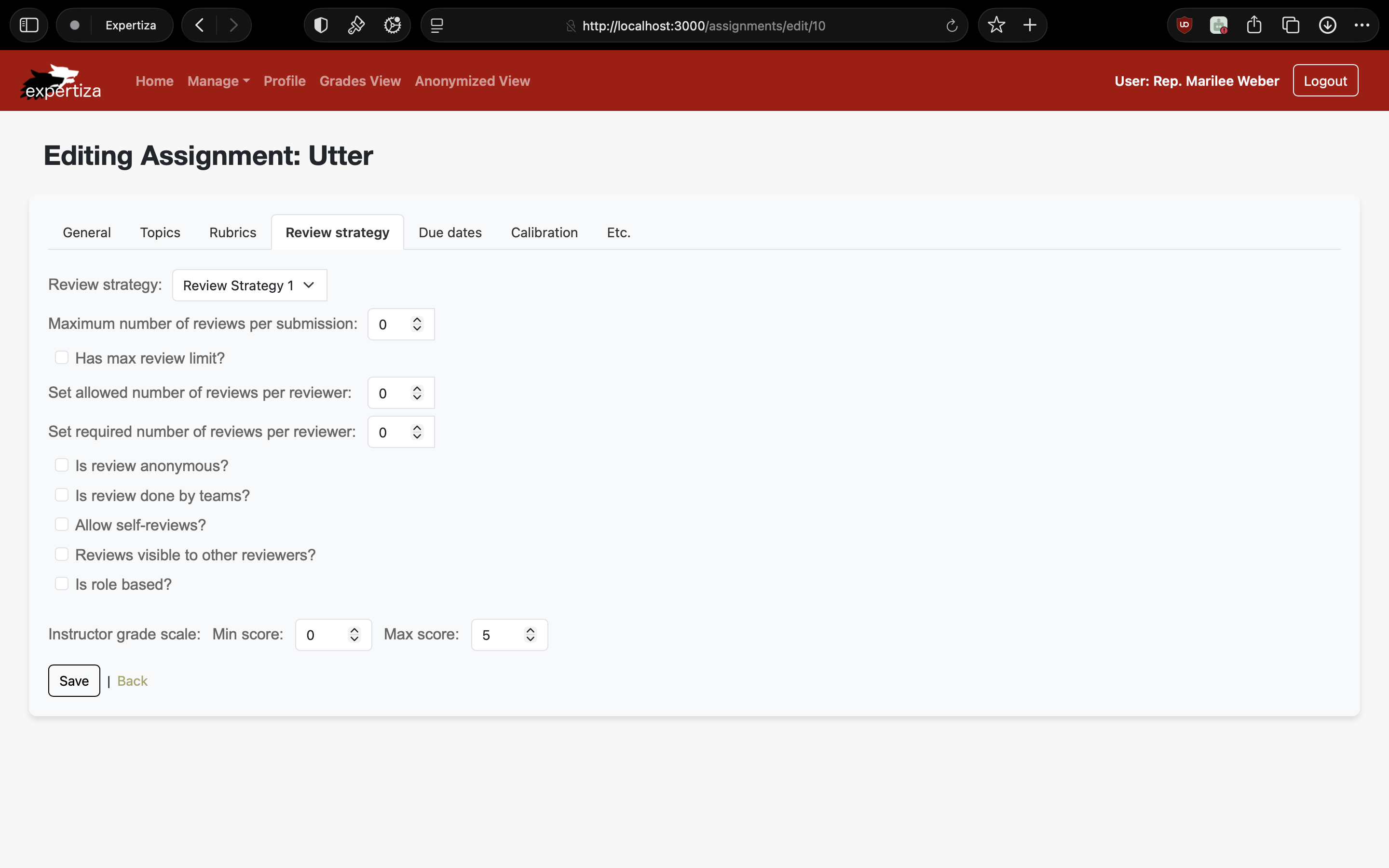 Review the strategy tab for an assignment where min and max scores for the reviews can be set.
